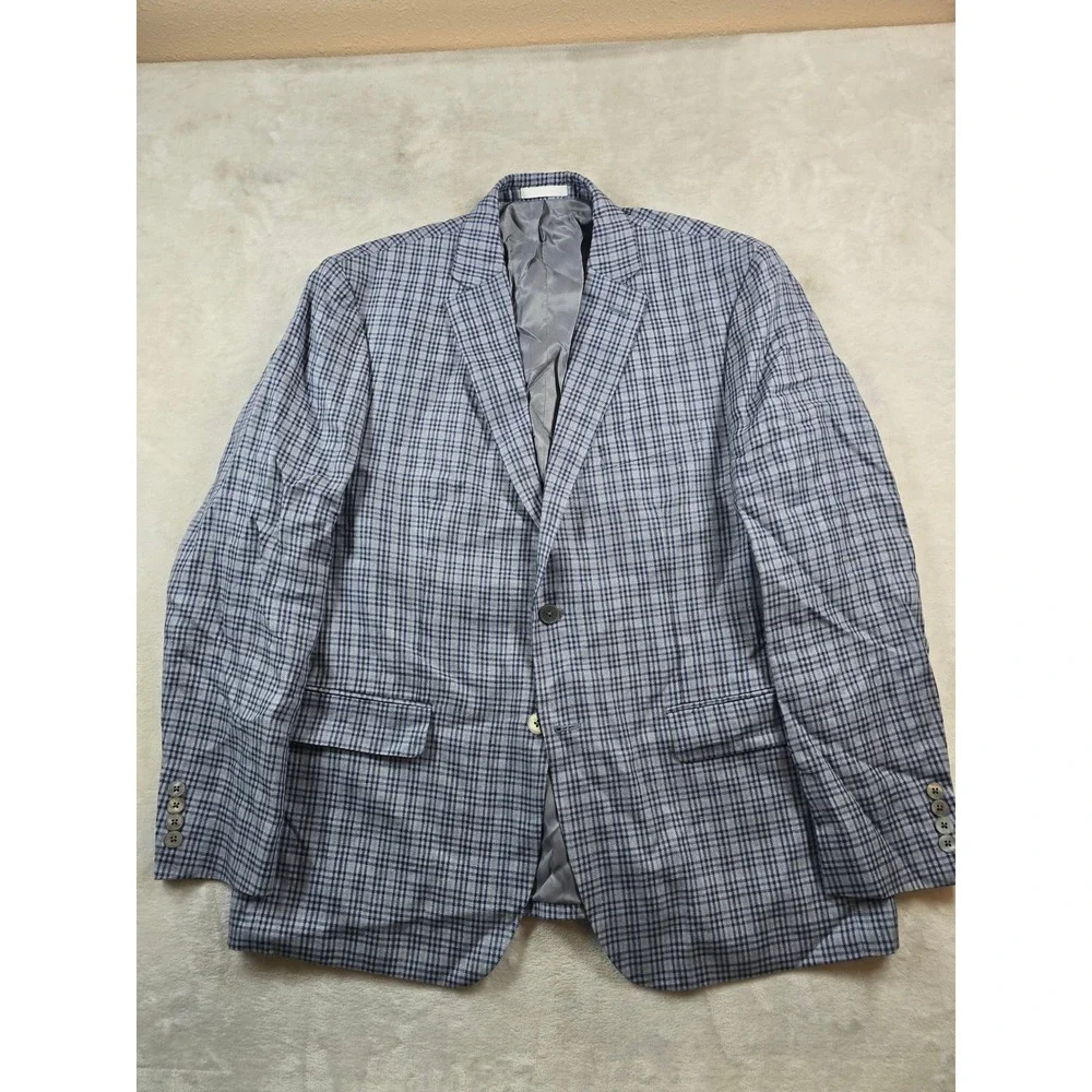LRL Ralph Lauren 100% Linen Plaid Blazer Men 44R 44 Blue Grey Sport Coat